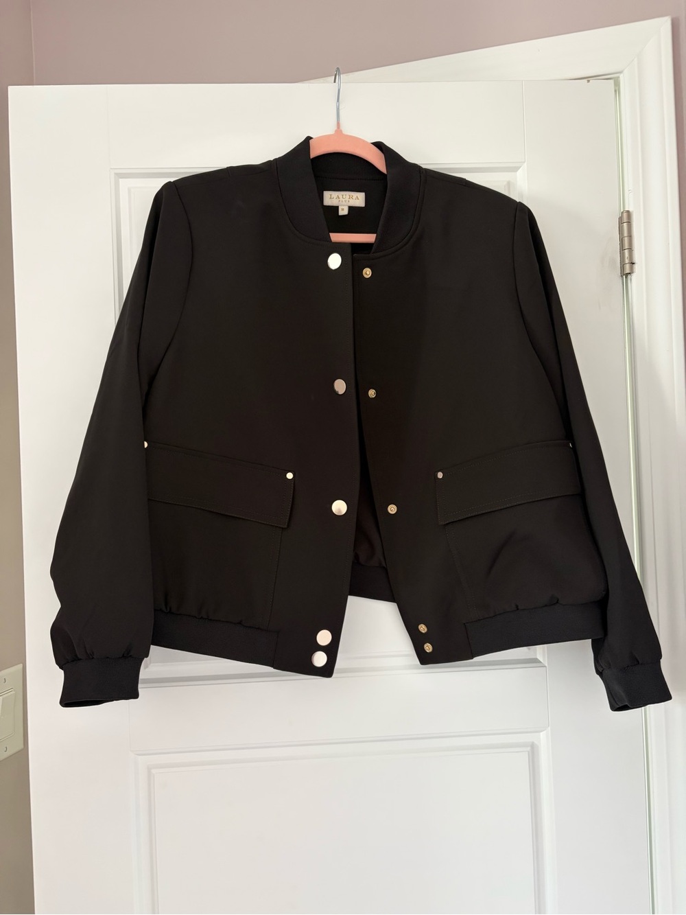 Laura Classic Black Snap-Front Bomber Jacket